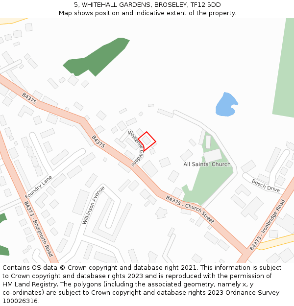 5, WHITEHALL GARDENS, BROSELEY, TF12 5DD: Location map and indicative extent of plot