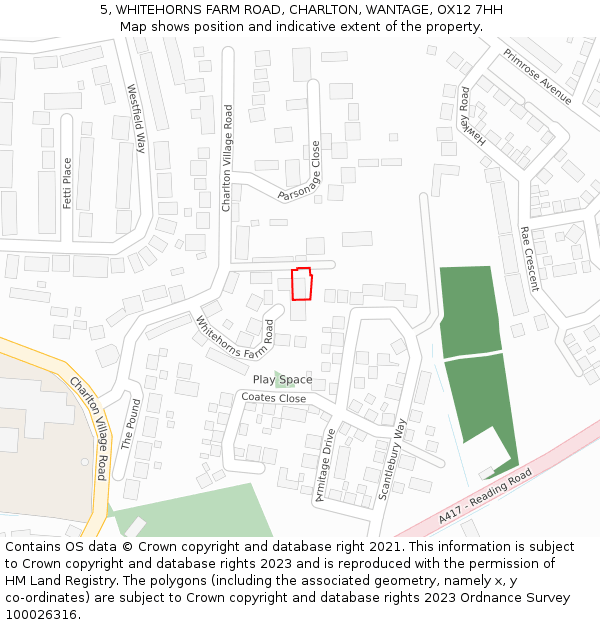 5, WHITEHORNS FARM ROAD, CHARLTON, WANTAGE, OX12 7HH: Location map and indicative extent of plot