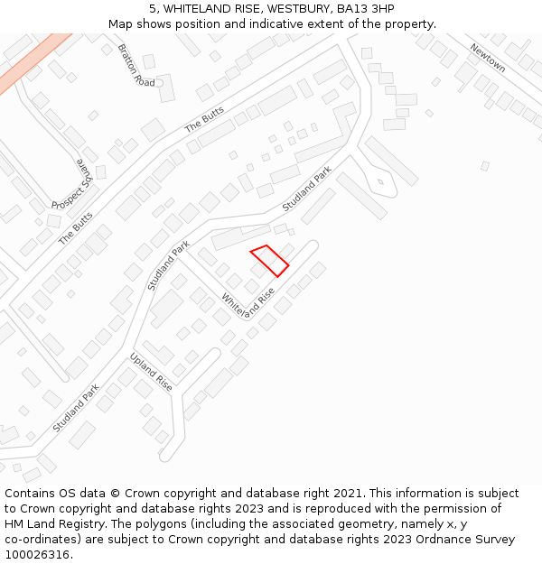 5, WHITELAND RISE, WESTBURY, BA13 3HP: Location map and indicative extent of plot