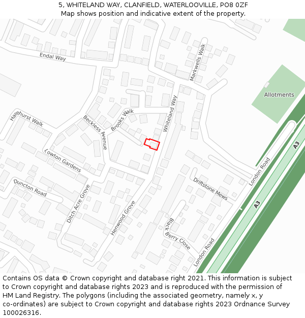 5, WHITELAND WAY, CLANFIELD, WATERLOOVILLE, PO8 0ZF: Location map and indicative extent of plot