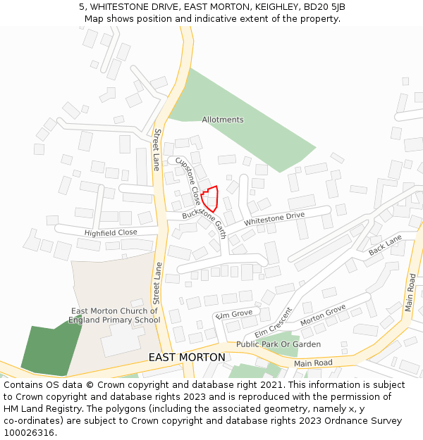 5, WHITESTONE DRIVE, EAST MORTON, KEIGHLEY, BD20 5JB: Location map and indicative extent of plot