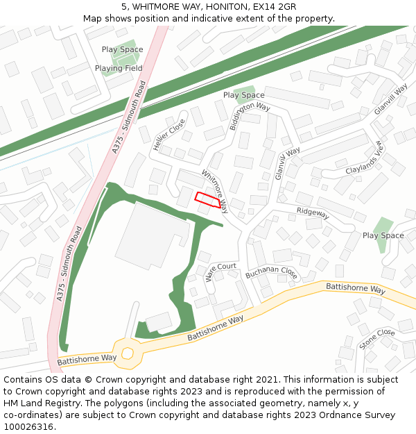 5, WHITMORE WAY, HONITON, EX14 2GR: Location map and indicative extent of plot