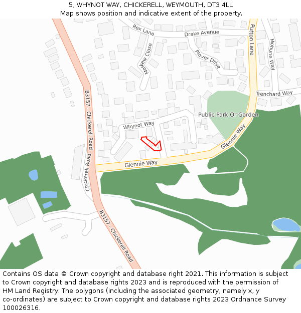 5, WHYNOT WAY, CHICKERELL, WEYMOUTH, DT3 4LL: Location map and indicative extent of plot