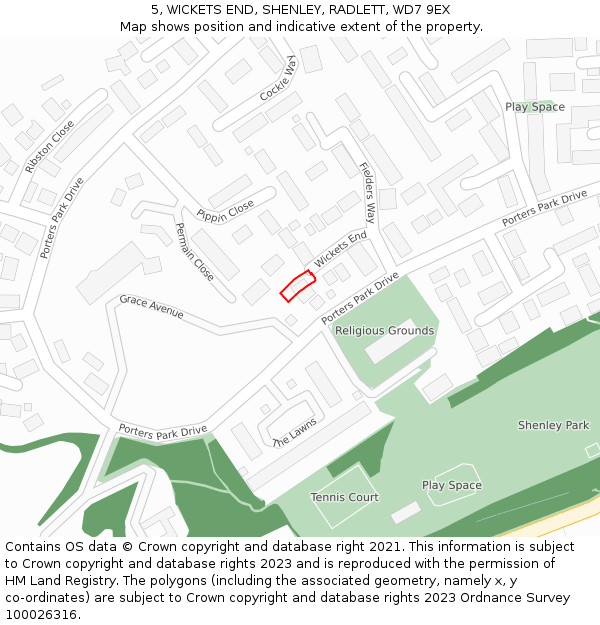 5, WICKETS END, SHENLEY, RADLETT, WD7 9EX: Location map and indicative extent of plot