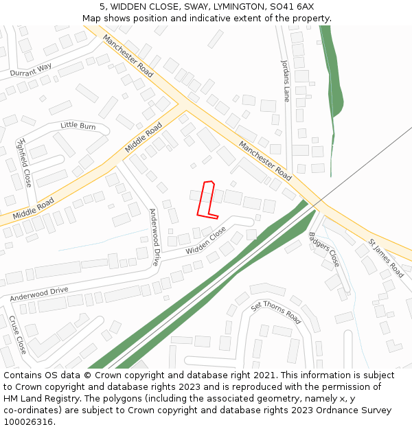 5, WIDDEN CLOSE, SWAY, LYMINGTON, SO41 6AX: Location map and indicative extent of plot