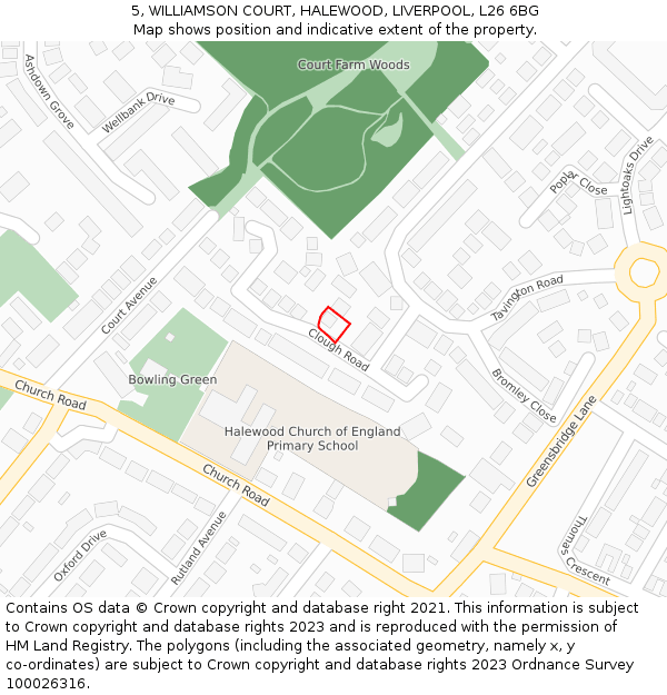 5, WILLIAMSON COURT, HALEWOOD, LIVERPOOL, L26 6BG: Location map and indicative extent of plot