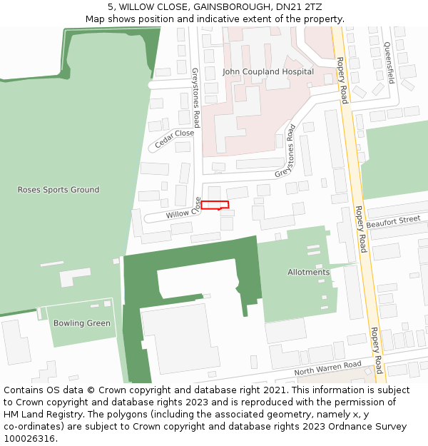 5, WILLOW CLOSE, GAINSBOROUGH, DN21 2TZ: Location map and indicative extent of plot