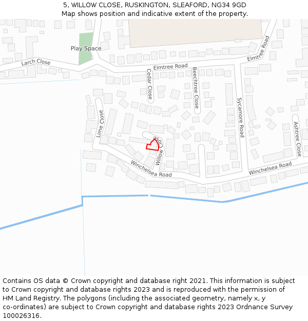 5, WILLOW CLOSE, RUSKINGTON, SLEAFORD, NG34 9GD: Location map and indicative extent of plot