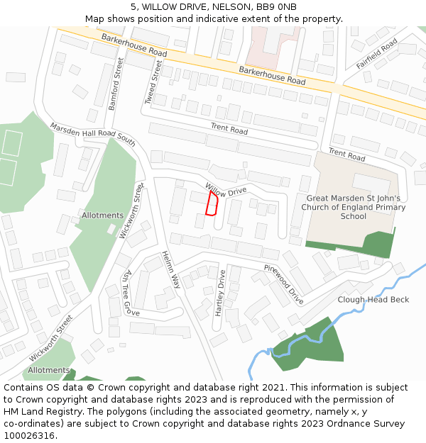 5, WILLOW DRIVE, NELSON, BB9 0NB: Location map and indicative extent of plot