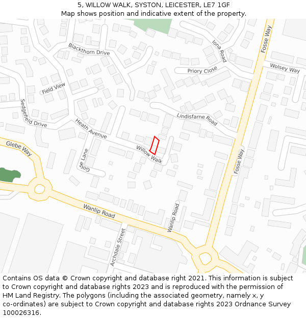 5, WILLOW WALK, SYSTON, LEICESTER, LE7 1GF: Location map and indicative extent of plot