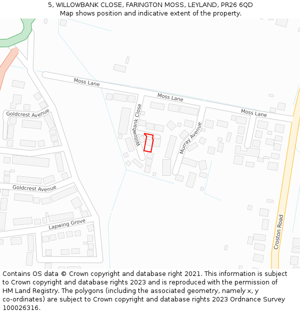 5, WILLOWBANK CLOSE, FARINGTON MOSS, LEYLAND, PR26 6QD: Location map and indicative extent of plot