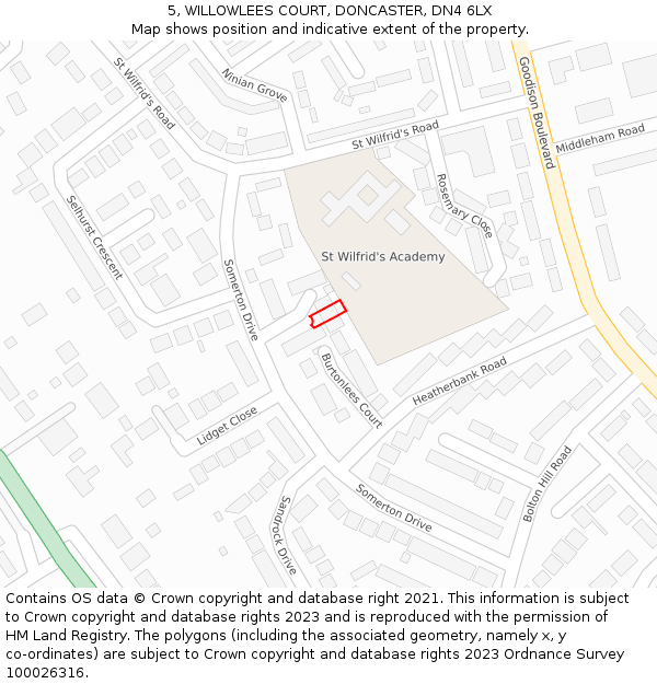 5, WILLOWLEES COURT, DONCASTER, DN4 6LX: Location map and indicative extent of plot