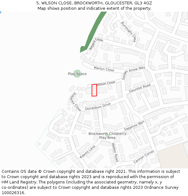 5, WILSON CLOSE, BROCKWORTH, GLOUCESTER, GL3 4GZ: Location map and indicative extent of plot