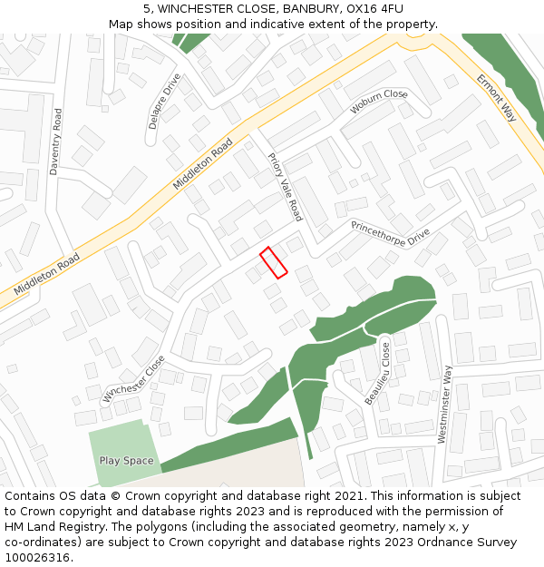 5, WINCHESTER CLOSE, BANBURY, OX16 4FU: Location map and indicative extent of plot