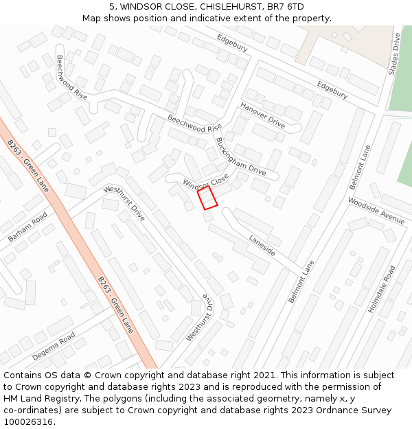 5, WINDSOR CLOSE, CHISLEHURST, BR7 6TD: Location map and indicative extent of plot