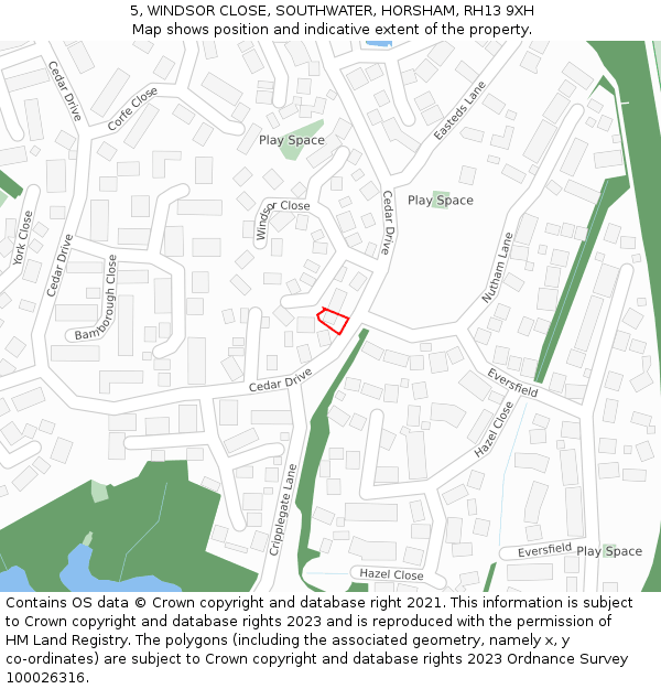 5, WINDSOR CLOSE, SOUTHWATER, HORSHAM, RH13 9XH: Location map and indicative extent of plot