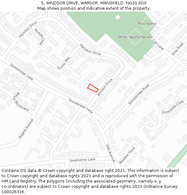 5, WINDSOR DRIVE, WARSOP, MANSFIELD, NG20 0DX: Location map and indicative extent of plot