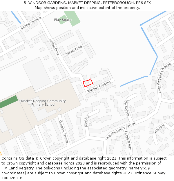 5, WINDSOR GARDENS, MARKET DEEPING, PETERBOROUGH, PE6 8FX: Location map and indicative extent of plot