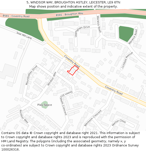 5, WINDSOR WAY, BROUGHTON ASTLEY, LEICESTER, LE9 6TN: Location map and indicative extent of plot