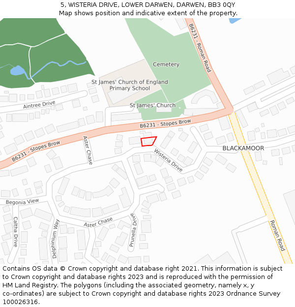 5, WISTERIA DRIVE, LOWER DARWEN, DARWEN, BB3 0QY: Location map and indicative extent of plot