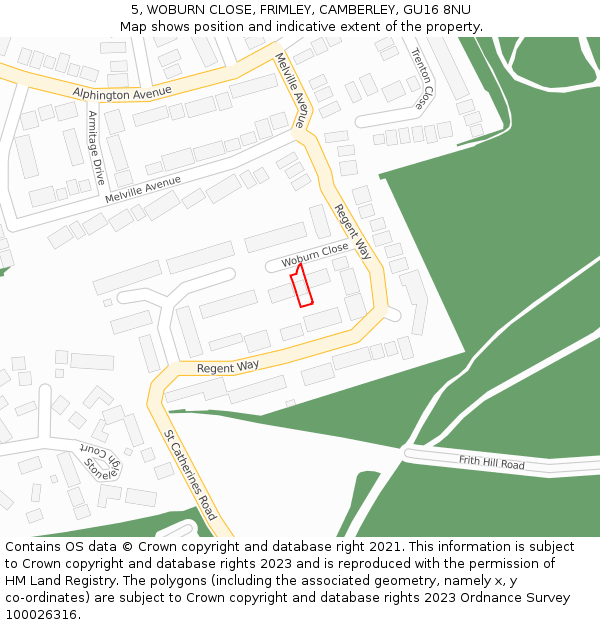 5, WOBURN CLOSE, FRIMLEY, CAMBERLEY, GU16 8NU: Location map and indicative extent of plot