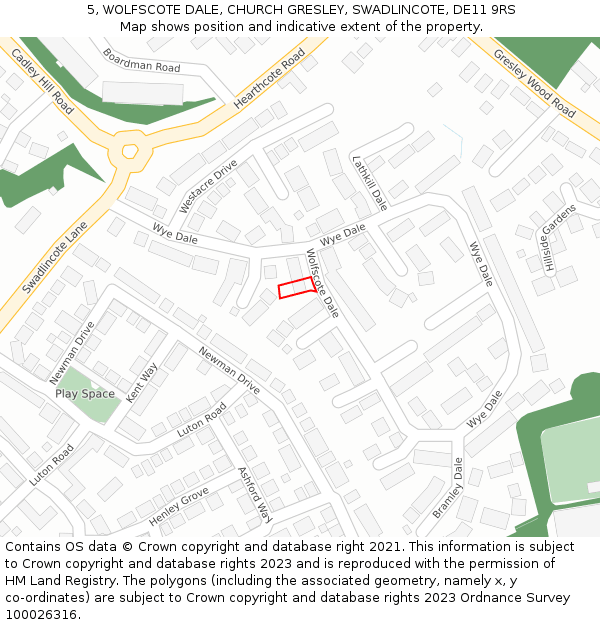 5, WOLFSCOTE DALE, CHURCH GRESLEY, SWADLINCOTE, DE11 9RS: Location map and indicative extent of plot