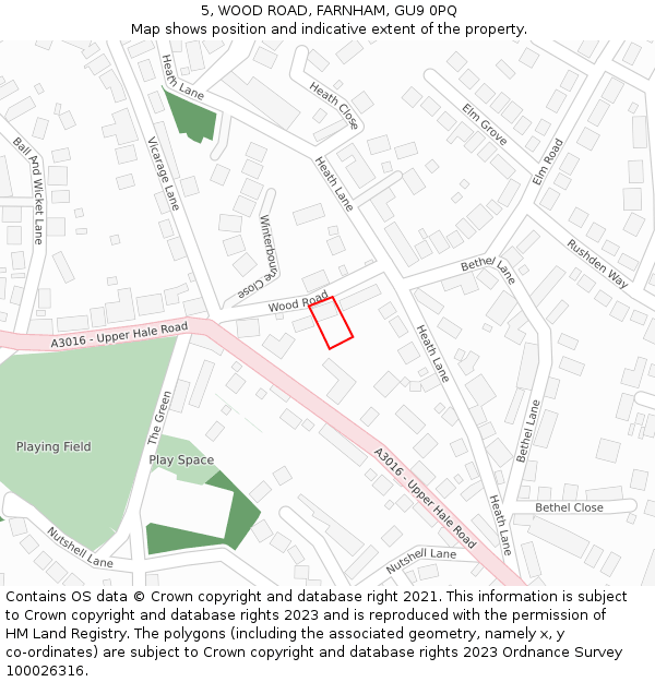 5, WOOD ROAD, FARNHAM, GU9 0PQ: Location map and indicative extent of plot