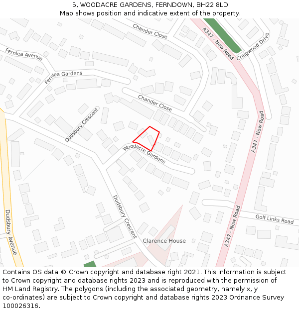 5, WOODACRE GARDENS, FERNDOWN, BH22 8LD: Location map and indicative extent of plot