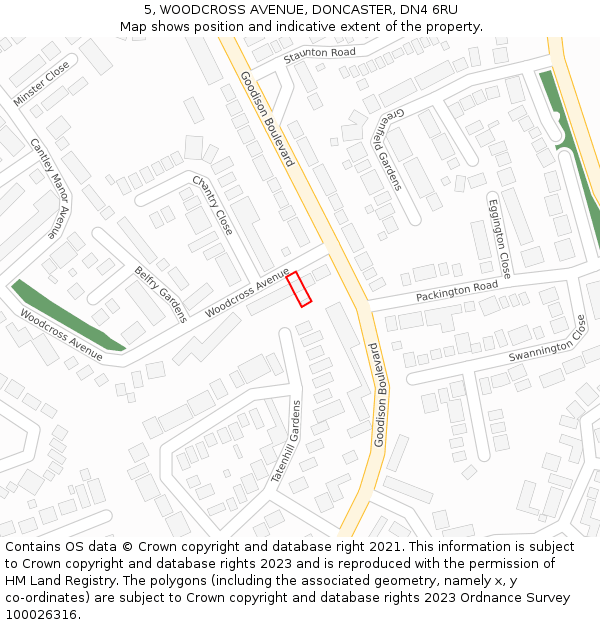 5, WOODCROSS AVENUE, DONCASTER, DN4 6RU: Location map and indicative extent of plot