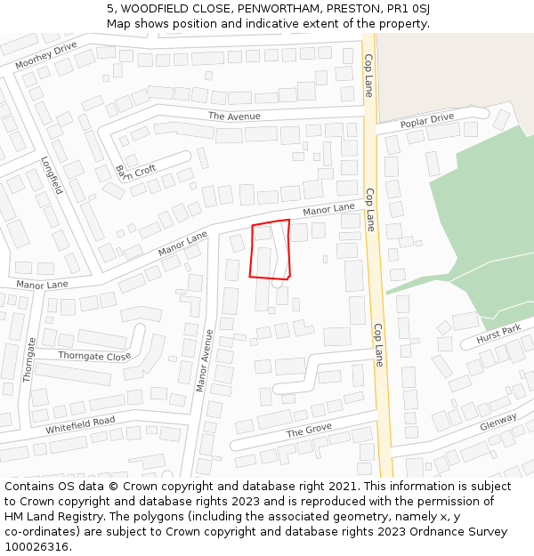 5, WOODFIELD CLOSE, PENWORTHAM, PRESTON, PR1 0SJ: Location map and indicative extent of plot