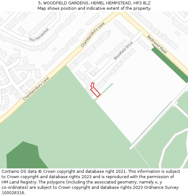 5, WOODFIELD GARDENS, HEMEL HEMPSTEAD, HP3 8LZ: Location map and indicative extent of plot