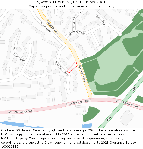 5, WOODFIELDS DRIVE, LICHFIELD, WS14 9HH: Location map and indicative extent of plot