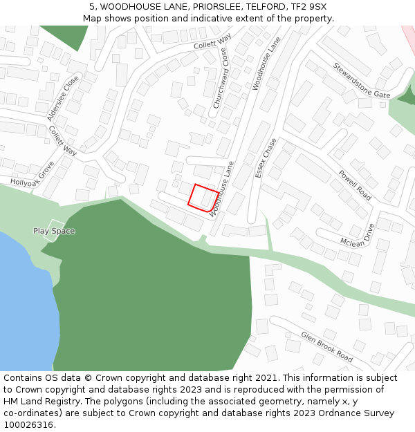 5, WOODHOUSE LANE, PRIORSLEE, TELFORD, TF2 9SX: Location map and indicative extent of plot