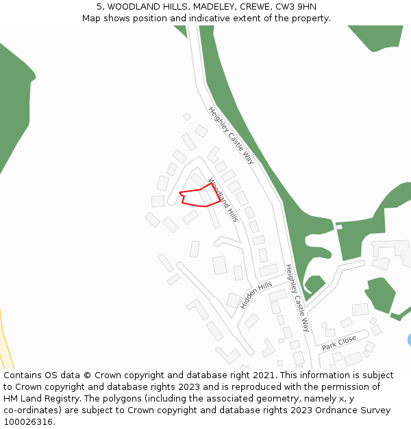 5, WOODLAND HILLS, MADELEY, CREWE, CW3 9HN: Location map and indicative extent of plot