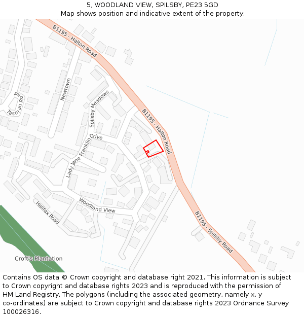 5, WOODLAND VIEW, SPILSBY, PE23 5GD: Location map and indicative extent of plot