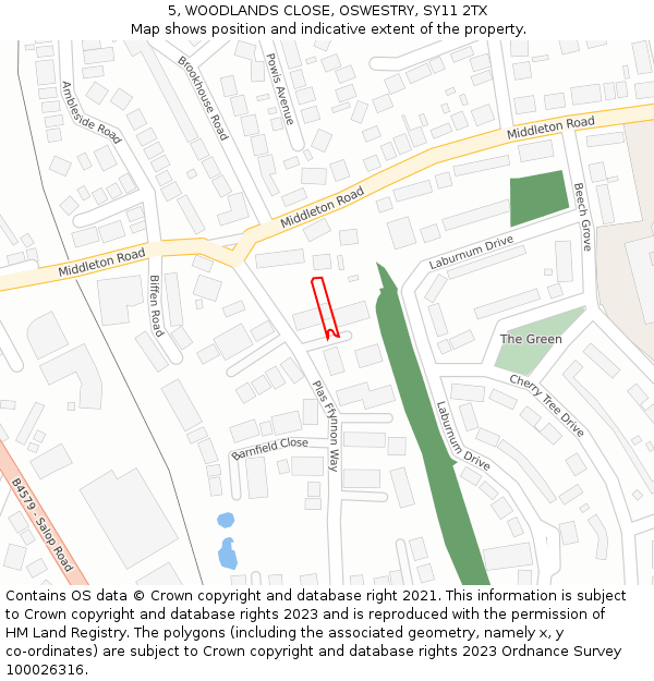 5, WOODLANDS CLOSE, OSWESTRY, SY11 2TX: Location map and indicative extent of plot