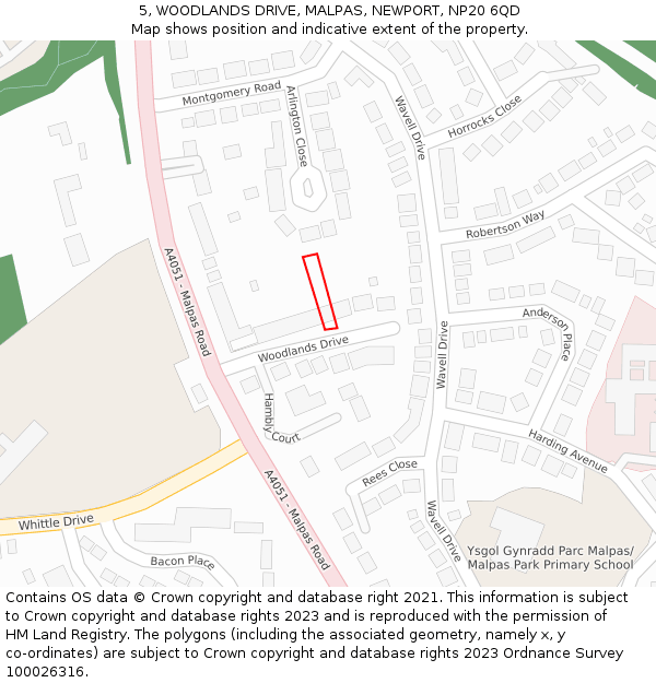 5, WOODLANDS DRIVE, MALPAS, NEWPORT, NP20 6QD: Location map and indicative extent of plot