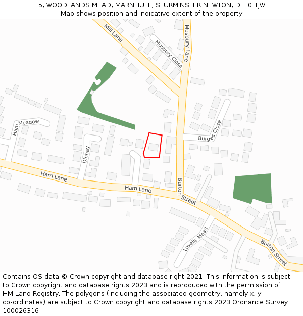 5, WOODLANDS MEAD, MARNHULL, STURMINSTER NEWTON, DT10 1JW: Location map and indicative extent of plot
