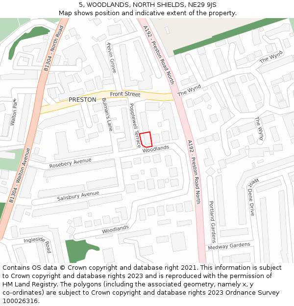 5, WOODLANDS, NORTH SHIELDS, NE29 9JS: Location map and indicative extent of plot