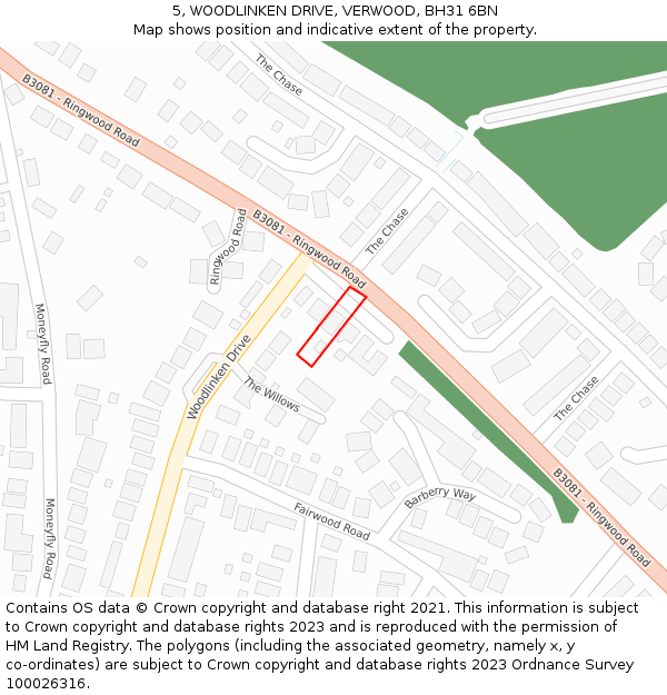 5, WOODLINKEN DRIVE, VERWOOD, BH31 6BN: Location map and indicative extent of plot