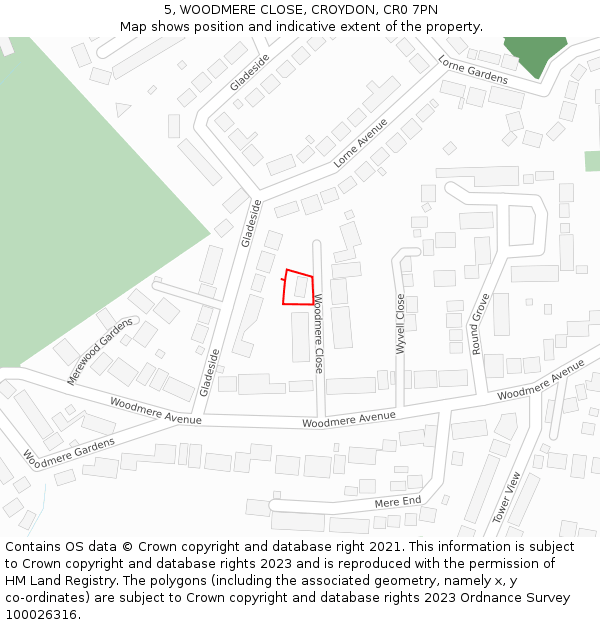 5, WOODMERE CLOSE, CROYDON, CR0 7PN: Location map and indicative extent of plot