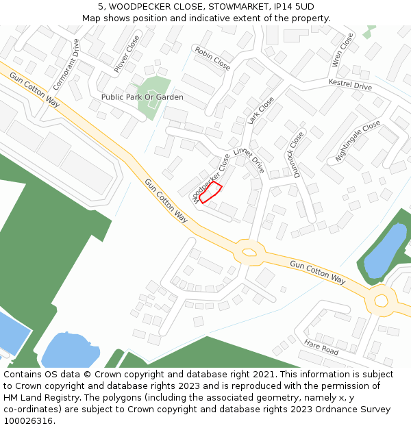 5, WOODPECKER CLOSE, STOWMARKET, IP14 5UD: Location map and indicative extent of plot