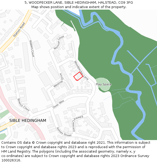 5, WOODPECKER LANE, SIBLE HEDINGHAM, HALSTEAD, CO9 3FG: Location map and indicative extent of plot