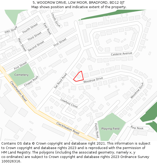 5, WOODROW DRIVE, LOW MOOR, BRADFORD, BD12 0JT: Location map and indicative extent of plot