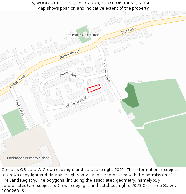 5, WOODRUFF CLOSE, PACKMOOR, STOKE-ON-TRENT, ST7 4UL: Location map and indicative extent of plot