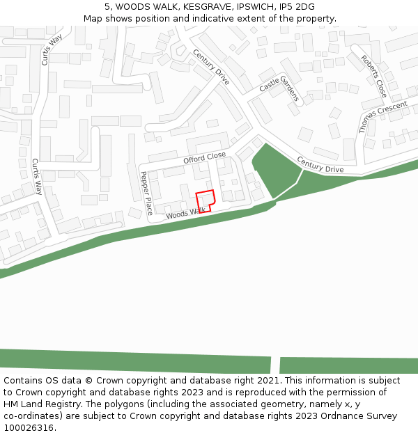 5, WOODS WALK, KESGRAVE, IPSWICH, IP5 2DG: Location map and indicative extent of plot