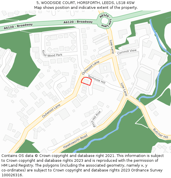 5, WOODSIDE COURT, HORSFORTH, LEEDS, LS18 4SW: Location map and indicative extent of plot