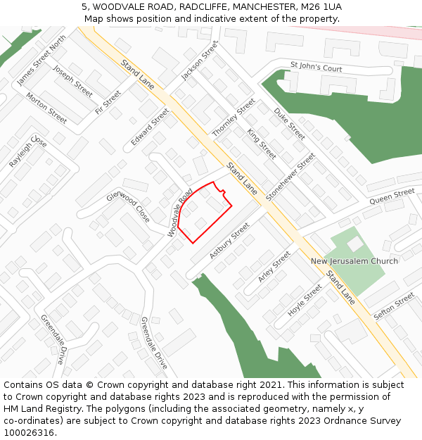 5, WOODVALE ROAD, RADCLIFFE, MANCHESTER, M26 1UA: Location map and indicative extent of plot