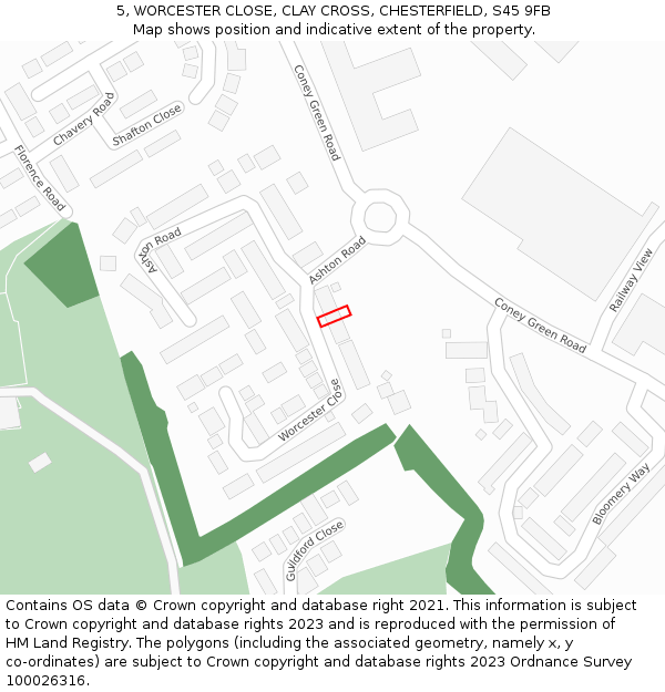 5, WORCESTER CLOSE, CLAY CROSS, CHESTERFIELD, S45 9FB: Location map and indicative extent of plot