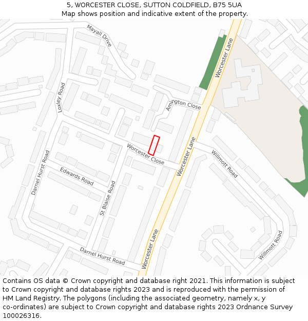 5, WORCESTER CLOSE, SUTTON COLDFIELD, B75 5UA: Location map and indicative extent of plot